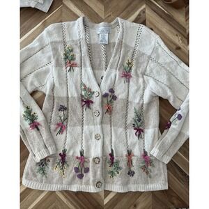Vintage Mandal Bay Embroidered Floral Flowers Bouquet Sweater Cardigan Cottage L